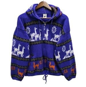 Vtg Tejidos Aly Marka Llama Wool Sweater Jacket Mens M Full Zip Hooded Ecuador
